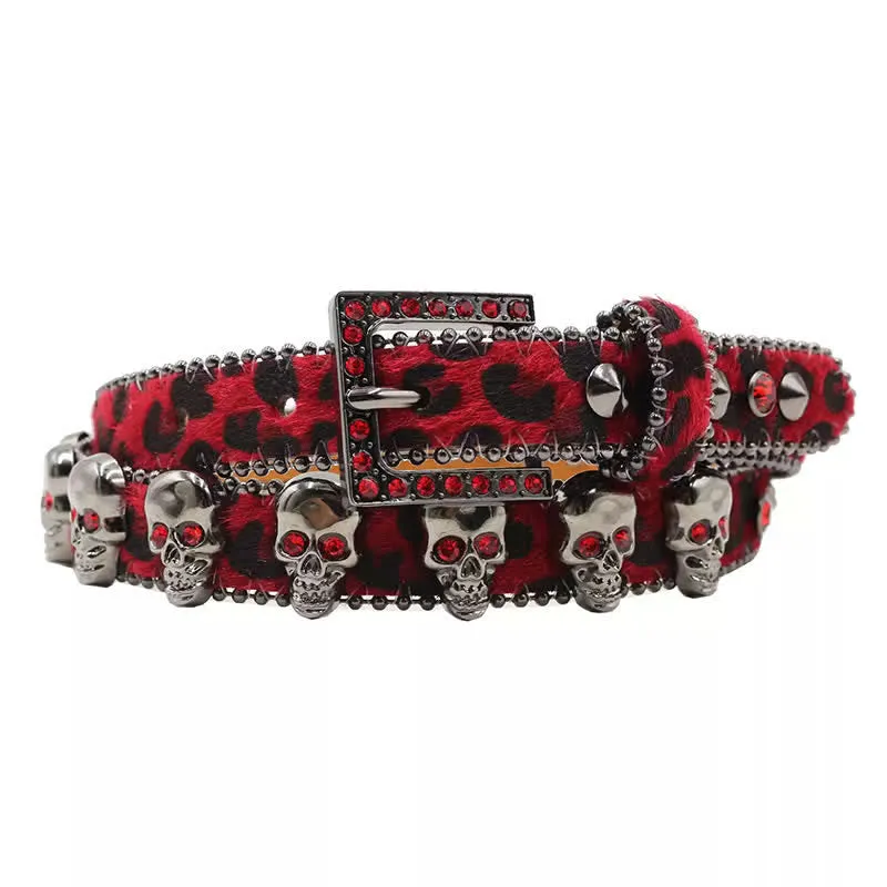 Fancy Gothic Skull Head Rivets Leopard Print Leather Belt sold by FloralTrip