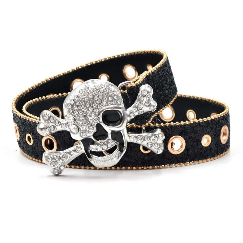Skull Head Buckle Gold Bead Brim Sequin Leather Belt sold by FloralTrip