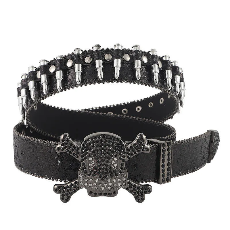 Cartoon Skull Buckle Bullet-Shaped Rivets Leather Belt sold by FloralTrip