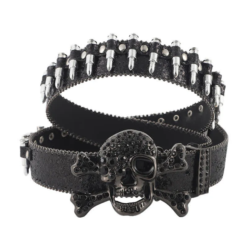 Rock Skull Rhinstones Buckle Bullet-Shaped Rivets Leather Belt sold by FloralTrip