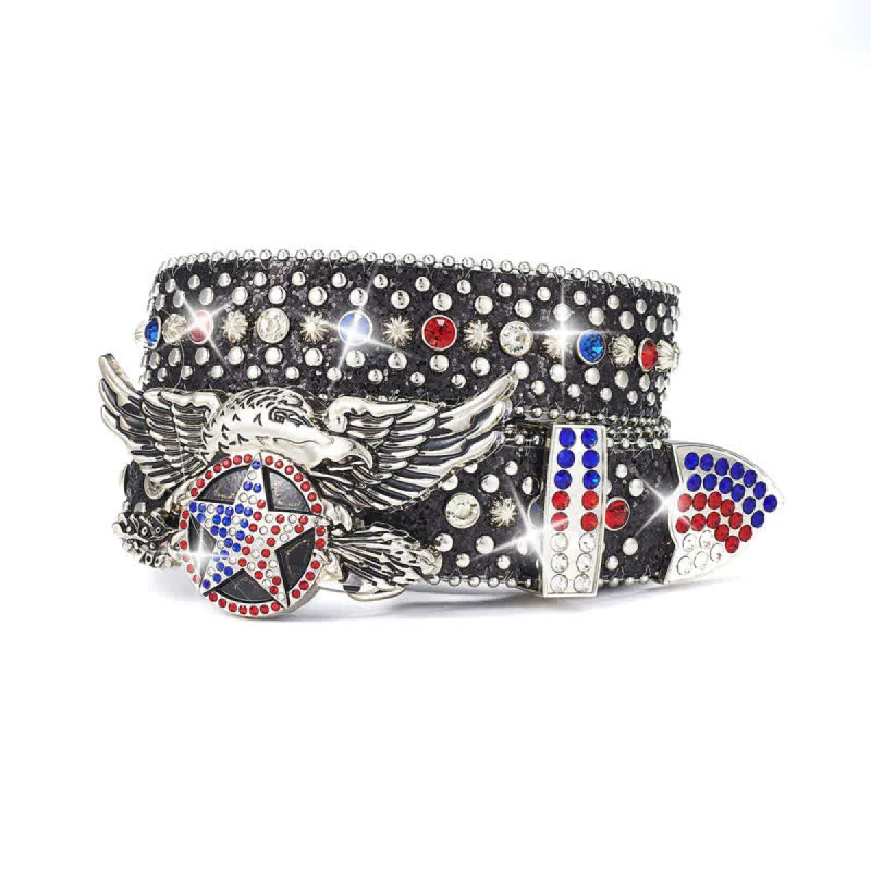 Eagle Buckle Red & Blue Star Sequin Rivets Leather Belt sold by FloralTrip