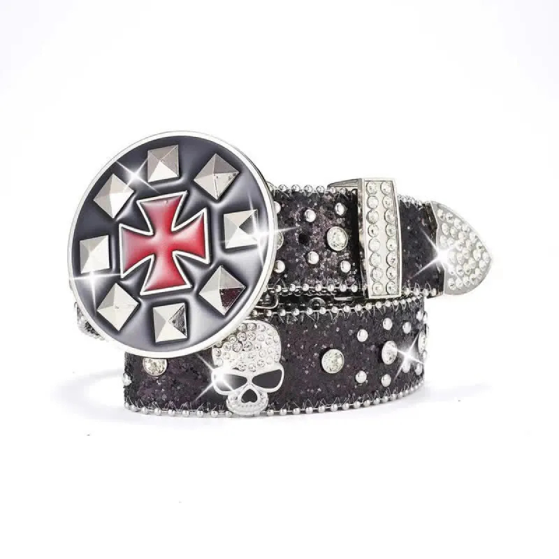 Vintage Cross Buckle Rhinestone Skull Studded Leather Belt sold by FloralTrip