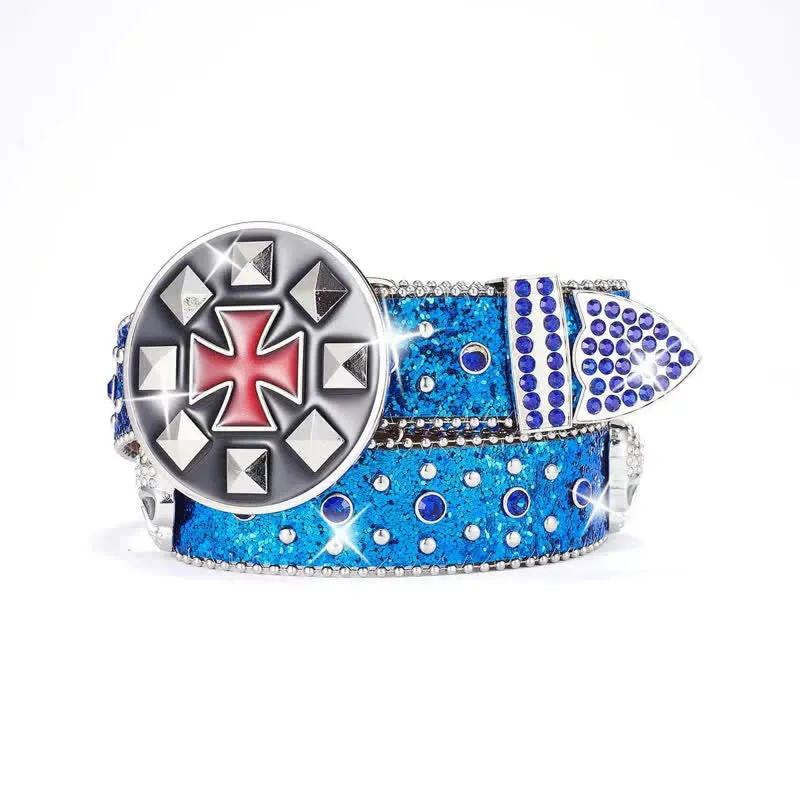 Vintage Cross Buckle Rhinestone Skull Studded Leather Belt sold by FloralTrip product image thumbnail 3
