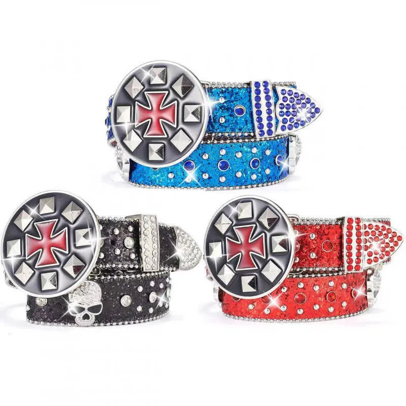 Vintage Cross Buckle Rhinestone Skull Studded Leather Belt sold by FloralTrip product image thumbnail 2
