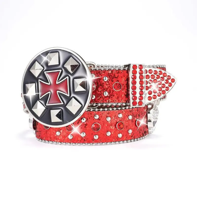 Vintage Cross Buckle Rhinestone Skull Studded Leather Belt sold by FloralTrip product image thumbnail 4
