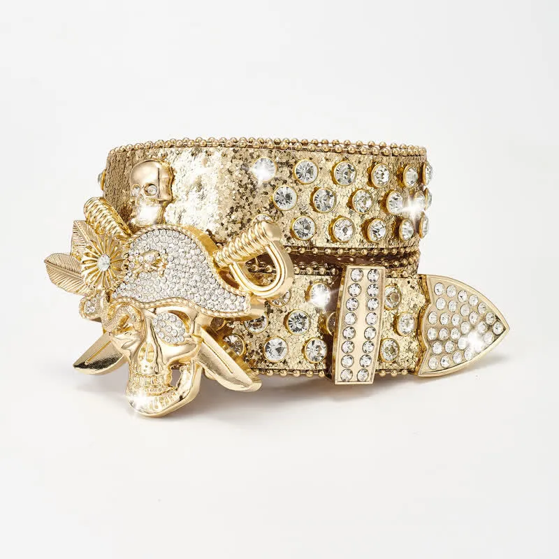 Punk Pirate Buckle Rhinestone Studded Leather Belt sold by FloralTrip product image thumbnail 5