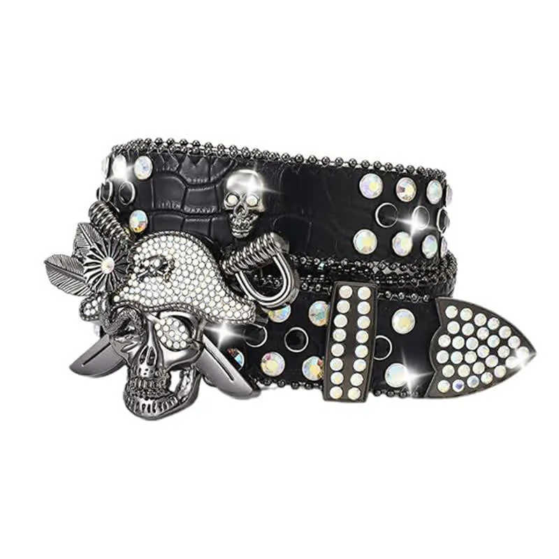 Punk Pirate Buckle Rhinestone Studded Leather Belt sold by FloralTrip