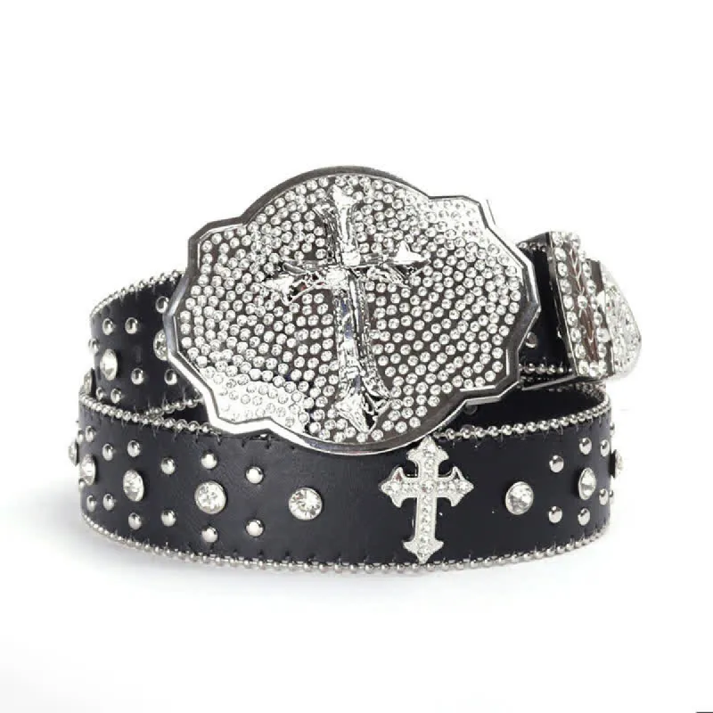 Shinning Cross Buckle Rhinestone Studded Leather Belt sold by FloralTrip