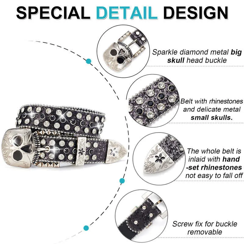 Streetwear Skull Buckle Rhinestone Studded Leather Belt sold by FloralTrip product image thumbnail 3