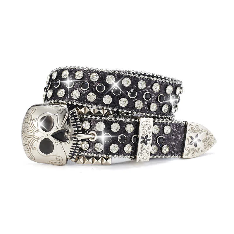 Streetwear Skull Buckle Rhinestone Studded Leather Belt sold by FloralTrip