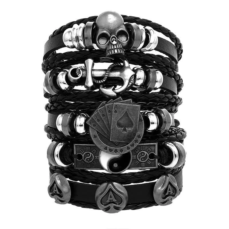 Fashion Skull Animal Head Poker Black Leather Bracelet sold by FloralTrip