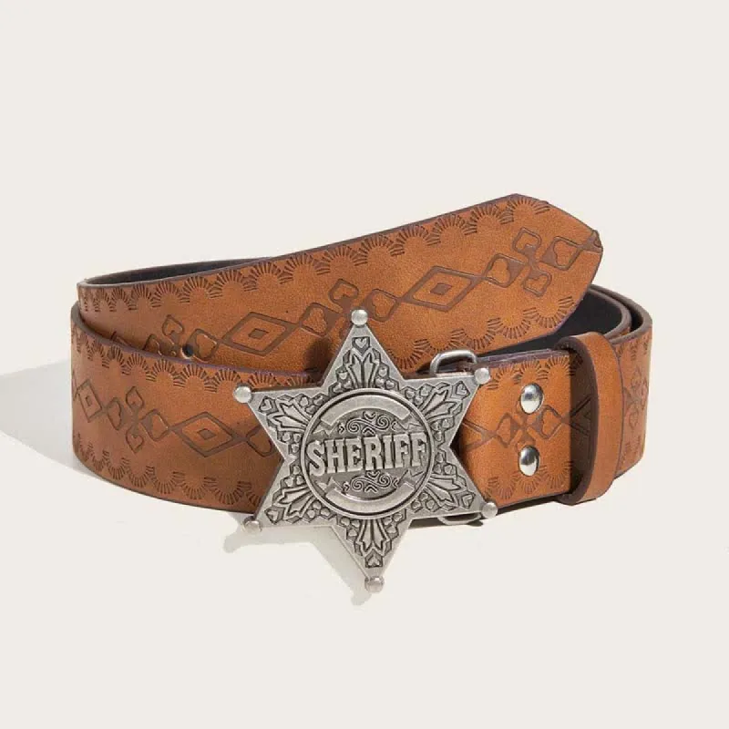 Brown Textured Hexagonal Star Buckle Leather Belt sold by FloralTrip