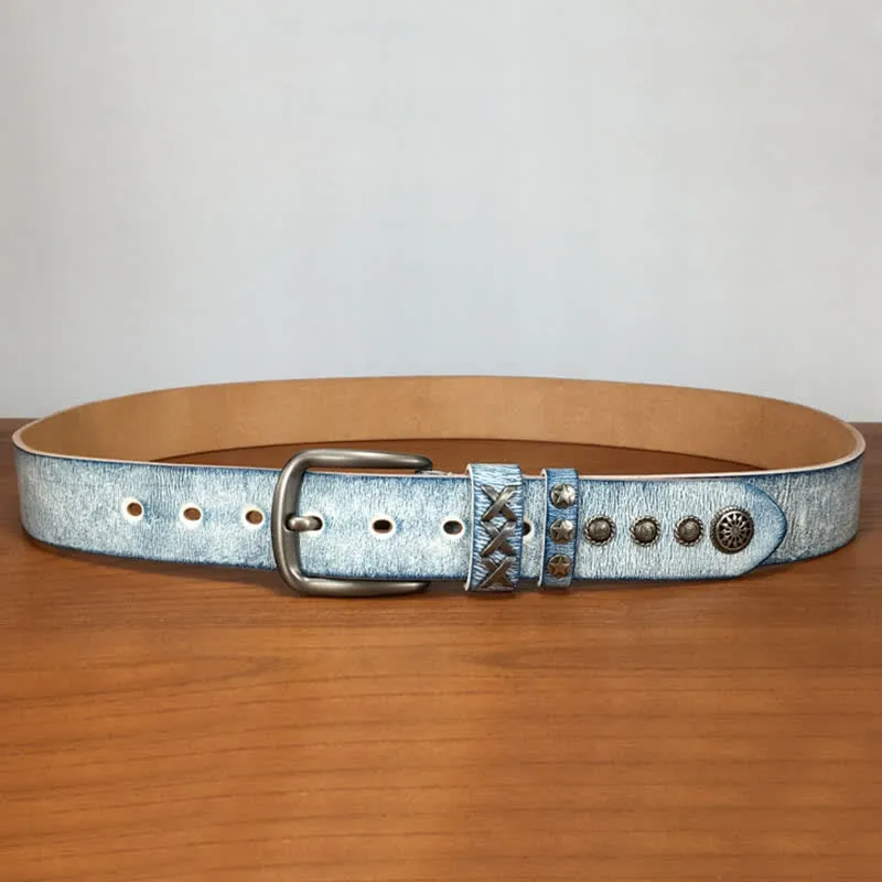 Retro Old White Rubbed Blue Silver Rivets Leather Belt sold by FloralTrip product image thumbnail 3