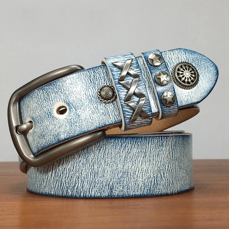 Retro Old White Rubbed Blue Silver Rivets Leather Belt sold by FloralTrip product image thumbnail 4