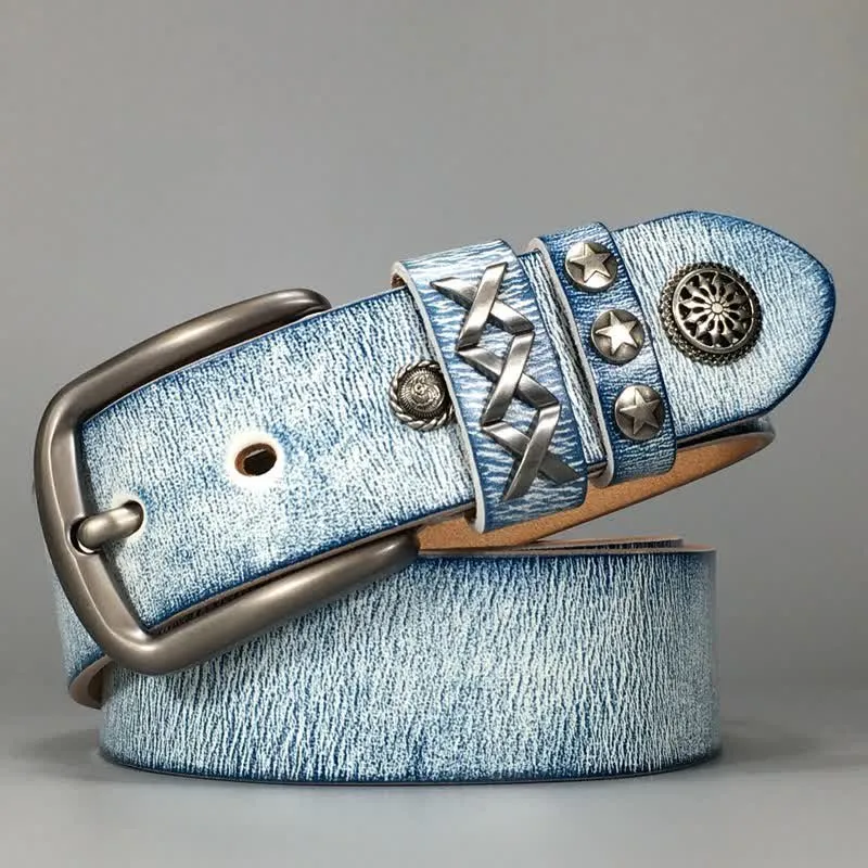 Retro Old White Rubbed Blue Silver Rivets Leather Belt sold by FloralTrip