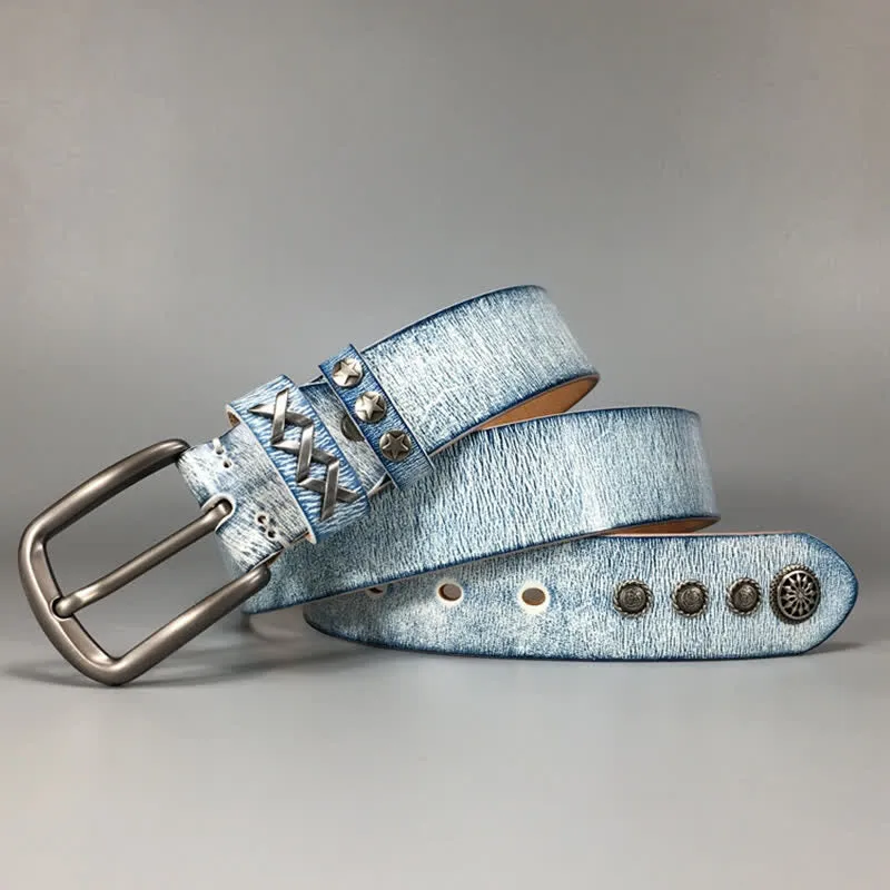 Retro Old White Rubbed Blue Silver Rivets Leather Belt sold by FloralTrip product image thumbnail 5