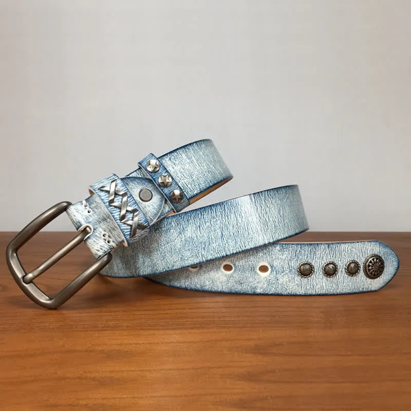 Retro Old White Rubbed Blue Silver Rivets Leather Belt sold by FloralTrip product image thumbnail 2