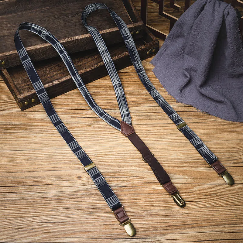 Black Gray Plaid Pattern Y-back Elastic Suspenders sold by FloralTrip