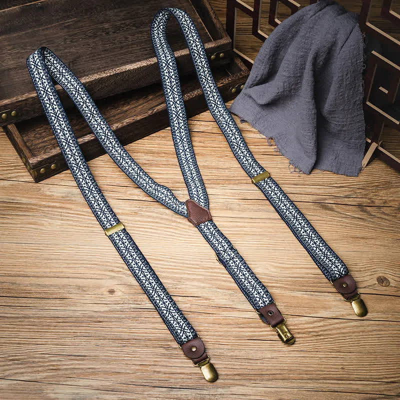 Navy & White Ethnic Pattern Y-back Elastic Suspenders sold by FloralTrip