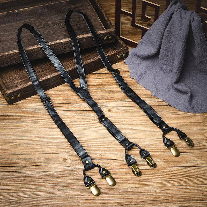 Black Straps 6-Clips Y-back Retro Leather Suspenders sold by FloralTrip