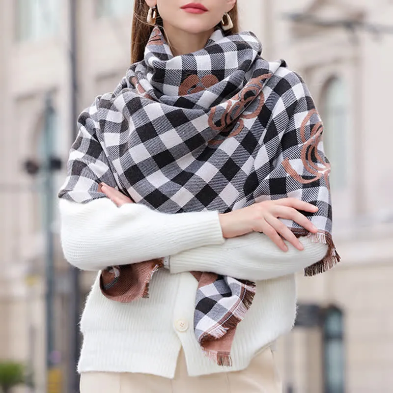 Unisex Large Flower Print Checked Tassel Trim Scarf sold by FloralTrip product image thumbnail 5