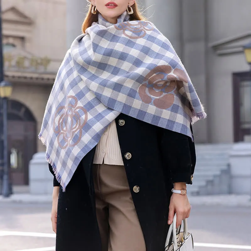 Unisex Large Flower Print Checked Tassel Trim Scarf sold by FloralTrip product image thumbnail 2