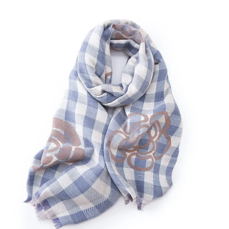 Unisex Large Flower Print Checked Tassel Trim Scarf sold by FloralTrip product image thumbnail 3