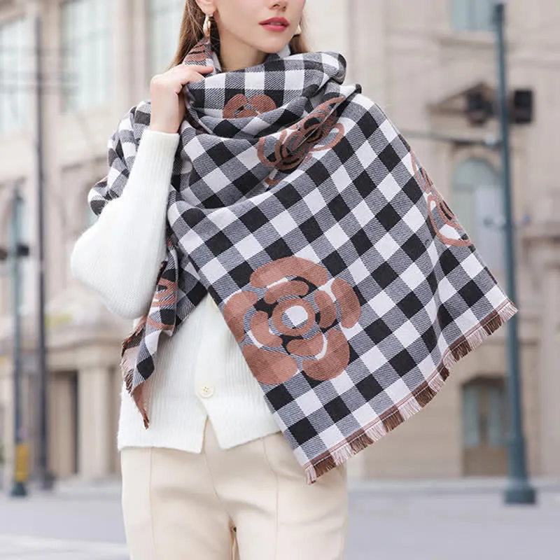 Unisex Large Flower Print Checked Tassel Trim Scarf sold by FloralTrip product image thumbnail 4