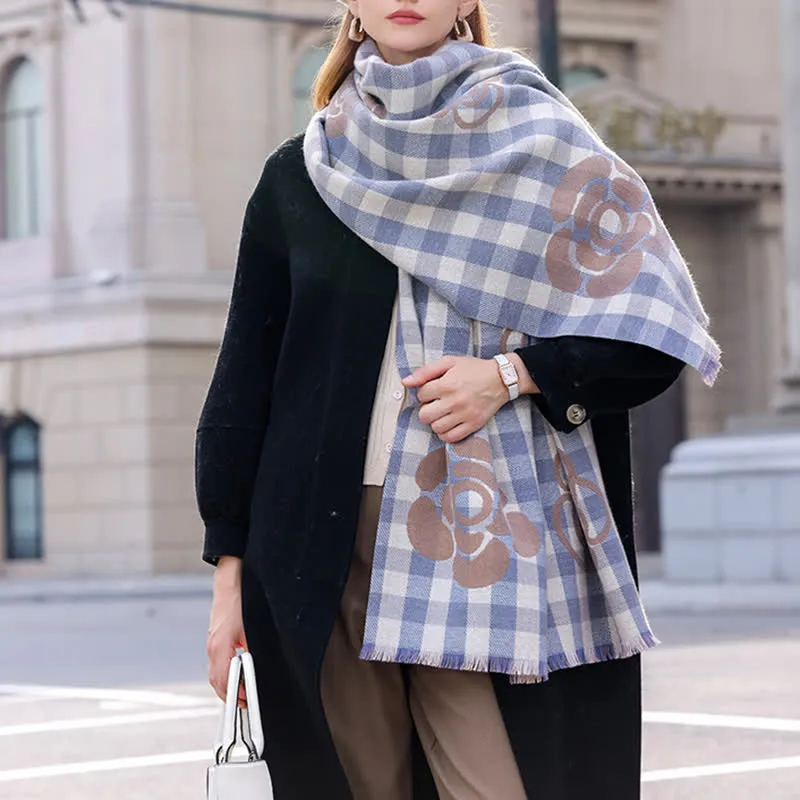 Unisex Large Flower Print Checked Tassel Trim Scarf sold by FloralTrip