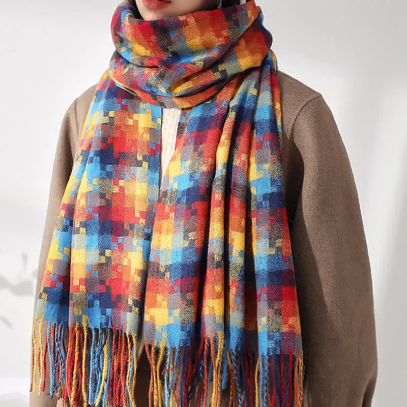 Unisex Multicoloured Jigsaw Shaped Fringe Soft Scarf sold by FloralTrip
