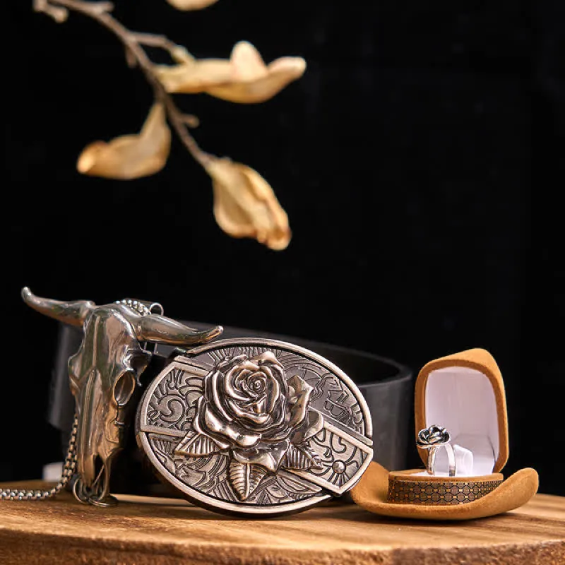 Rose Theme DIY Hidden Knife Belt Buckle Longhorn Bull Pendant Bundle Set sold by FloralTrip
