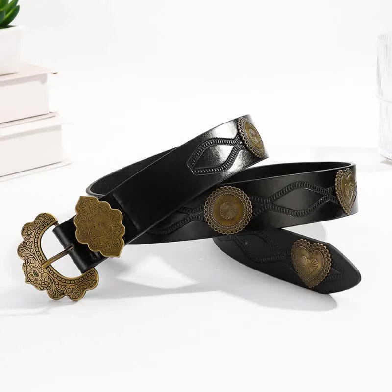 Antique Bronze Heart & Round Rivets Black Leather Belt sold by FloralTrip
