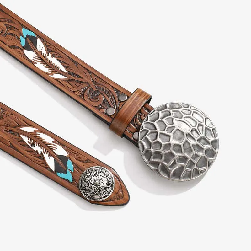 Round Floral Rivets Rivets Feather Pattern Leather Belt sold by FloralTrip product image thumbnail 2