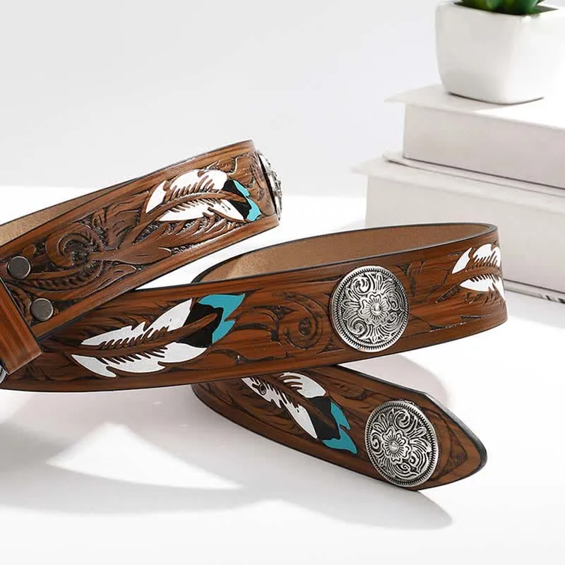 Round Floral Rivets Rivets Feather Pattern Leather Belt sold by FloralTrip product image thumbnail 3