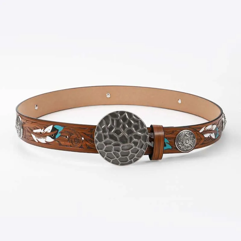 Round Floral Rivets Rivets Feather Pattern Leather Belt sold by FloralTrip product image thumbnail 4