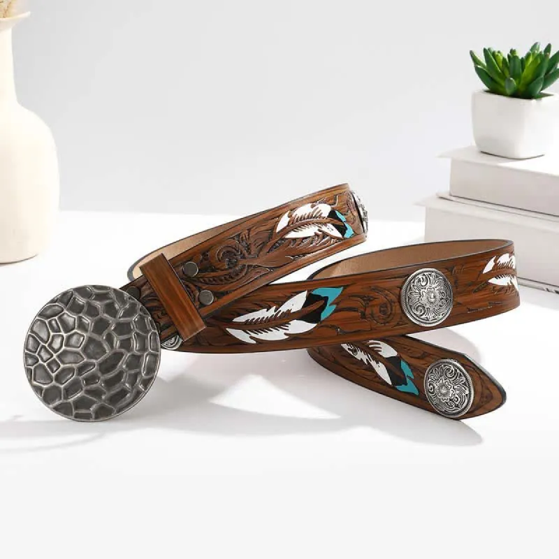 Round Floral Rivets Rivets Feather Pattern Leather Belt sold by FloralTrip