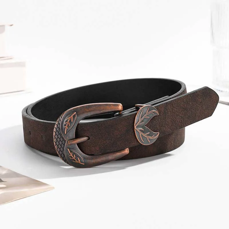 Vintage Versatile Slim Leaves Buckle Leather Belt sold by FloralTrip