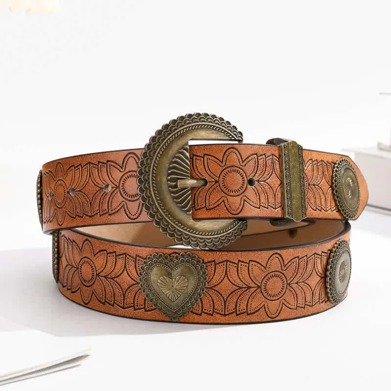 Round & Heart Rivets Inlaid Floral Print Leather Belt sold by FloralTrip