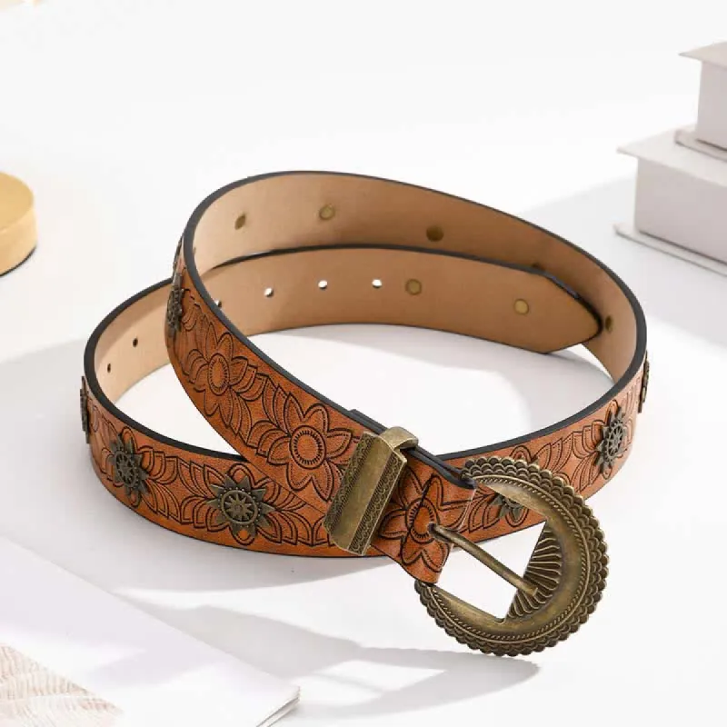 Star Rivet Inlaid Retro Floral Pattern Leather Belt sold by FloralTrip