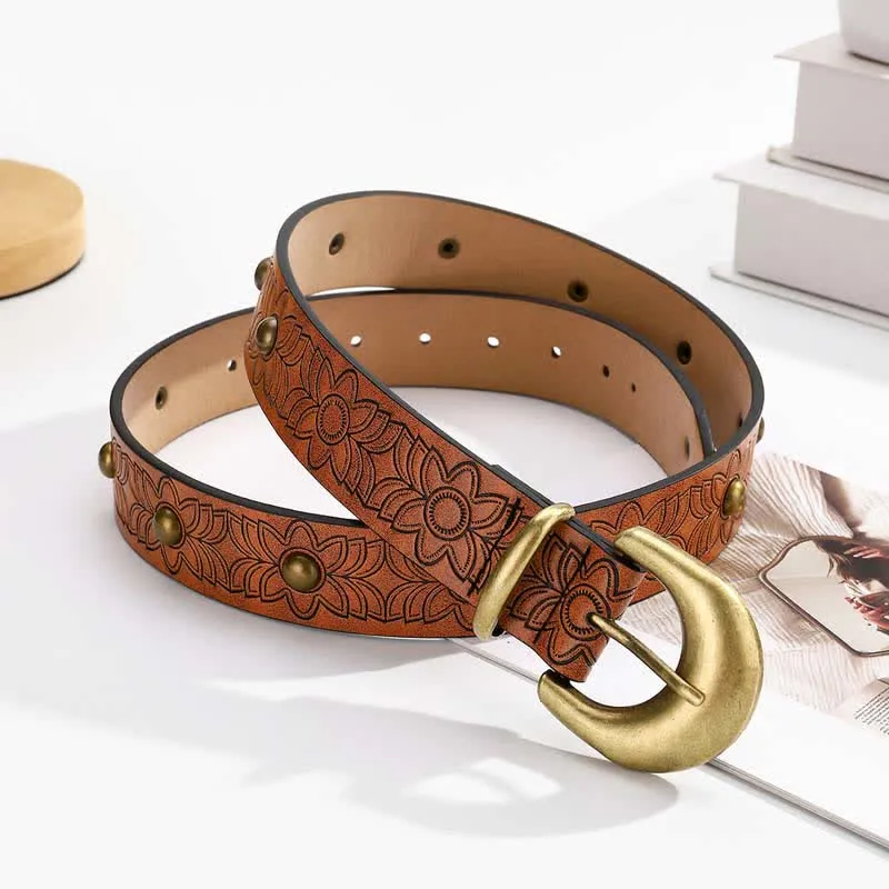 Elegant Flower Printed Bronze Rivet Leather Belt sold by FloralTrip