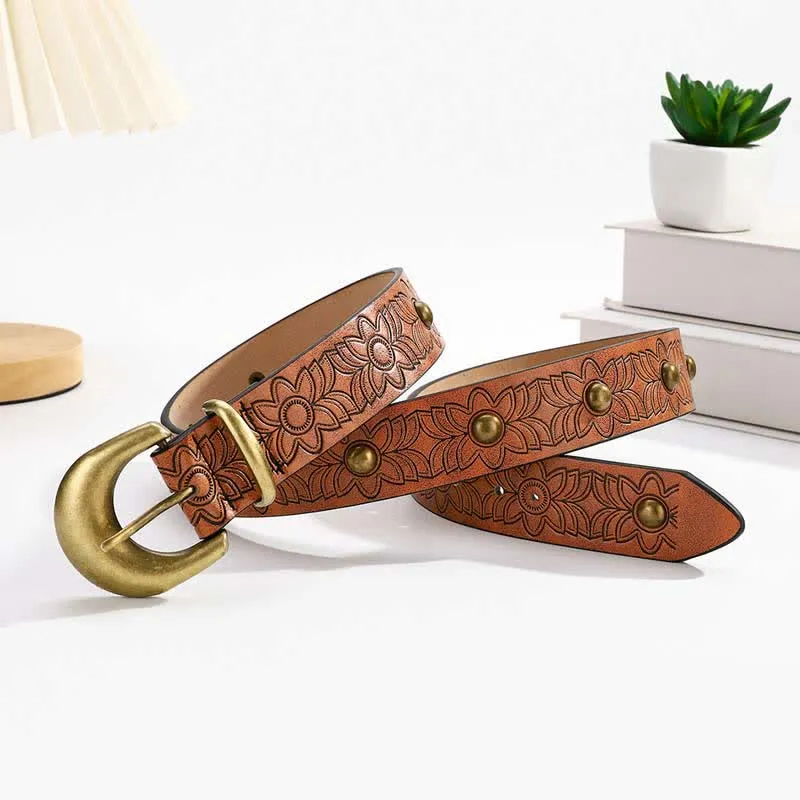 Elegant Flower Printed Bronze Rivet Leather Belt sold by FloralTrip product image thumbnail 2