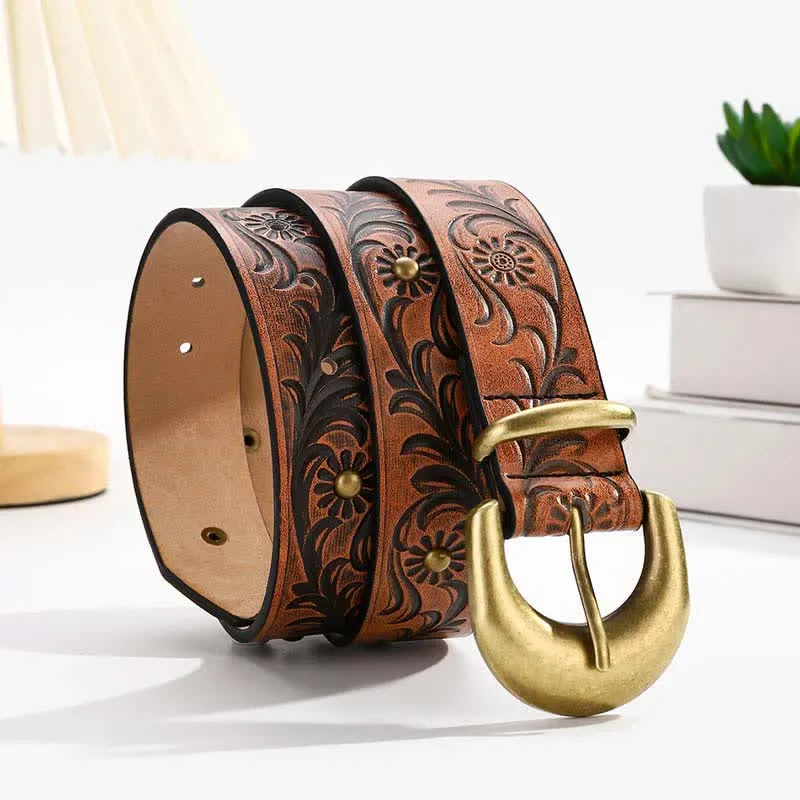 Brown Daisy Floral Bronze Rivet Leather Belt sold by FloralTrip