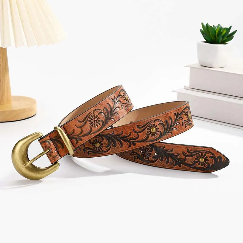 Brown Daisy Floral Bronze Rivet Leather Belt sold by FloralTrip product image thumbnail 2