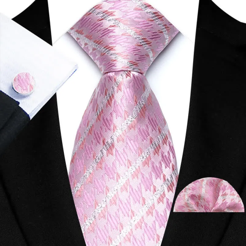 3Pcs Men's Luxury Pink Striped Houndstooth Necktie Set sold by FloralTrip