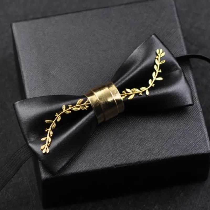 Men's Gold Metal Flower Accent Black PU Leather Bow Tie sold by FloralTrip