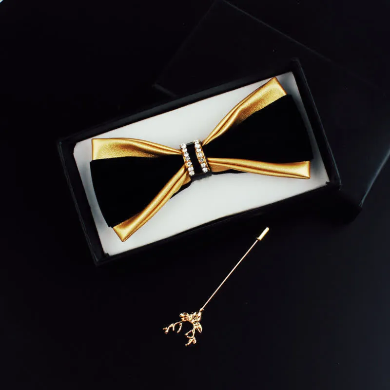 2Pcs Men's Crystal Decoration PU Leather Deer Pin Bow Tie Set sold by FloralTrip