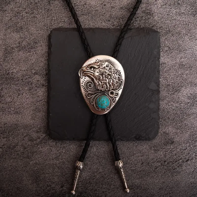 Natural Turquoise Stone Engraved Eagle Pendant Bolo Tie sold by FloralTrip