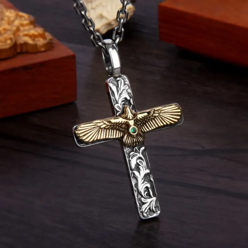Antique Gold & Silver Eagle Cross Necklace sold by FloralTrip