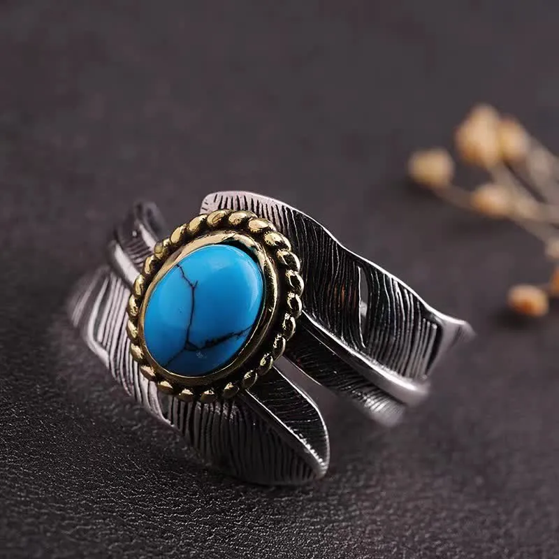 Men's Turquoise Feather Open Size Asjustable Ring sold by FloralTrip