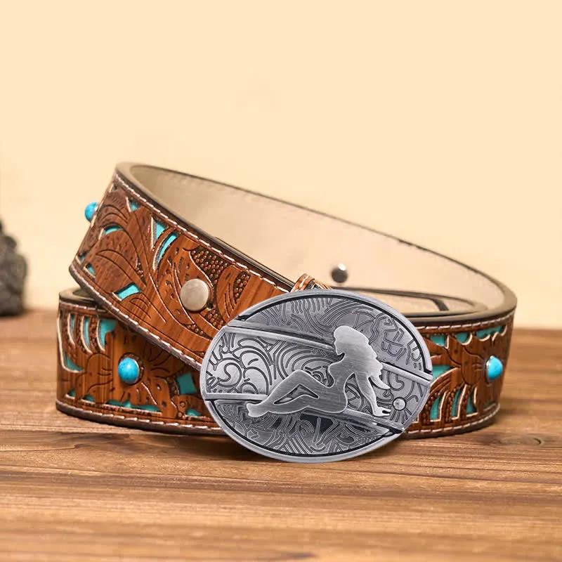 Men's DIY Lady Silhouette Hidden Folding Knife Leather Belt sold by FloralTrip product image thumbnail 3